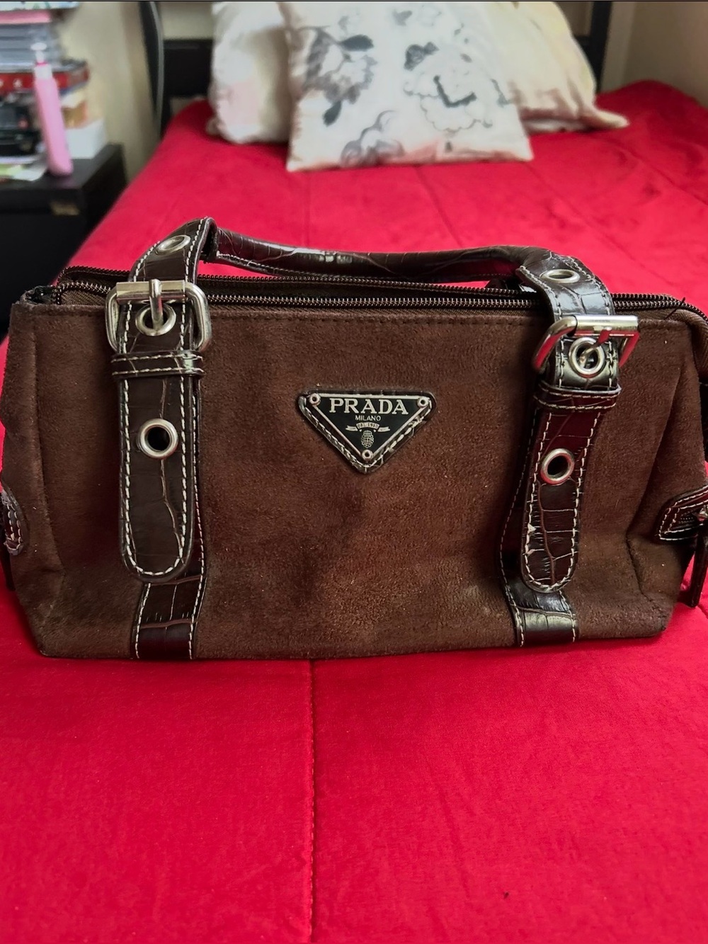 Prada Brown Suede Women's Wallet Handbag with Dark Brown Trim
